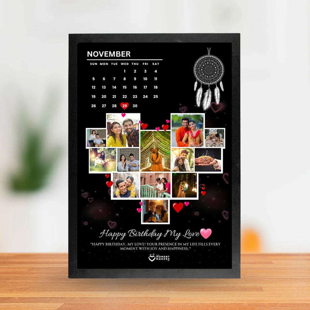 Personalized Calendar Photo Frame (8x12) | Heart Collage Birthday & Anniversary Gift | Custom Date Highlight Wall Decor