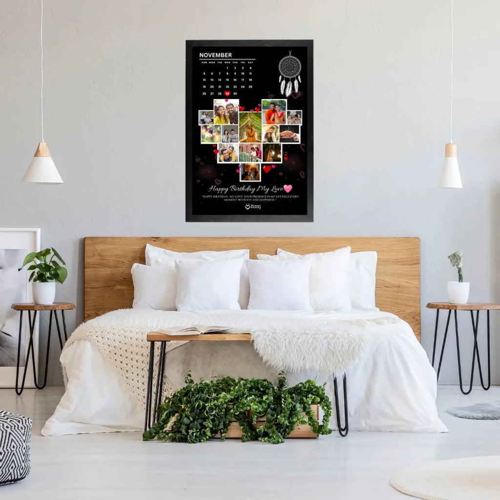 Personalized Calendar Photo Frame (8x12) | Heart Collage Birthday & Anniversary Gift | Custom Date Highlight Wall Decor