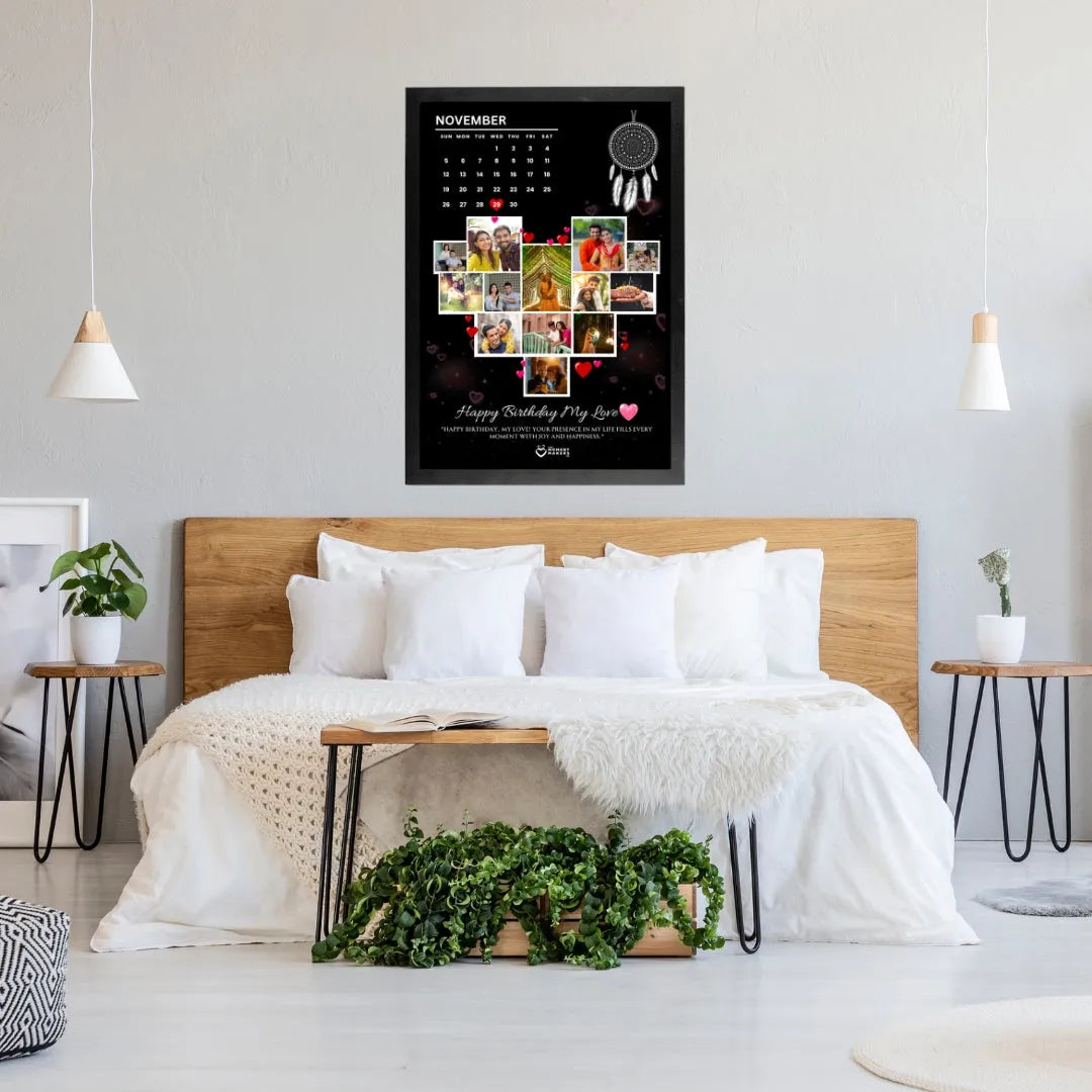 Personalized Calendar Photo Frame (8x12) | Heart Collage Birthday & Anniversary Gift | Custom Date Highlight Wall Decor