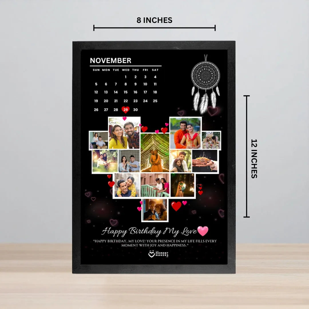 Personalized Calendar Photo Frame (8x12) | Heart Collage Birthday & Anniversary Gift | Custom Date Highlight Wall Decor