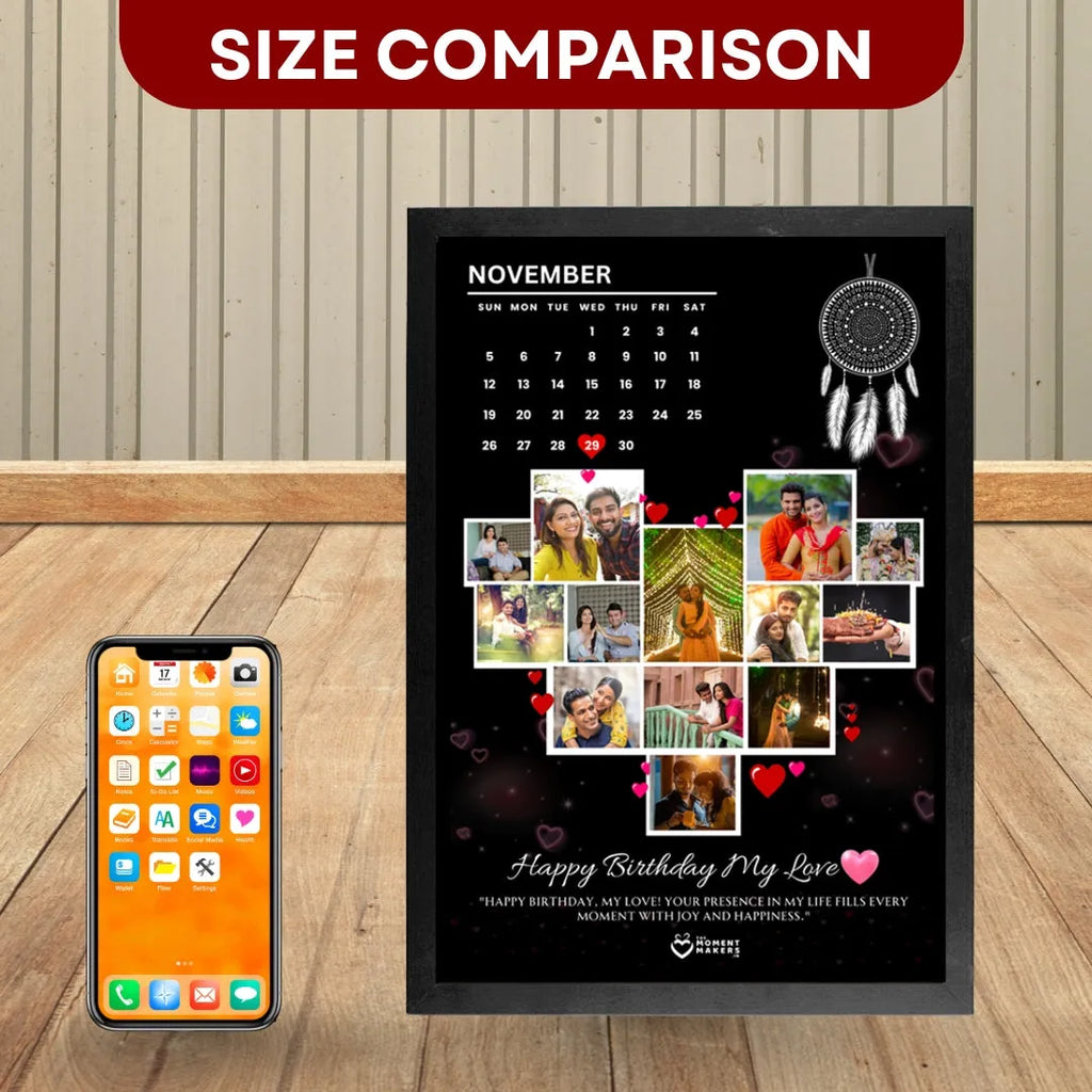 Personalized Calendar Photo Frame (8x12) | Heart Collage Birthday & Anniversary Gift | Custom Date Highlight Wall Decor