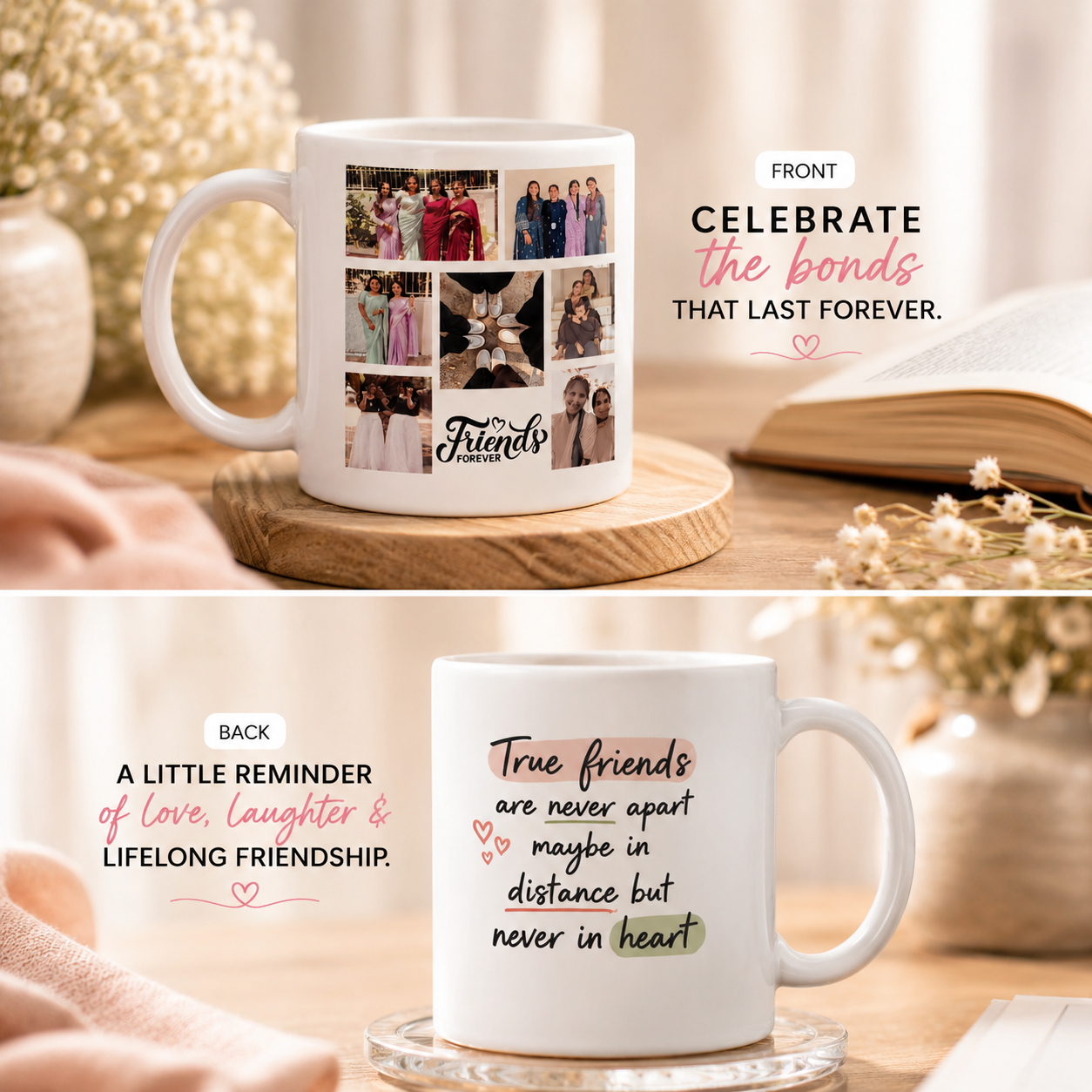 Custom Friendship Photo Collage Mug | Personalized Best Friend Mug with Photos & Friendship Quote | Moment Makers