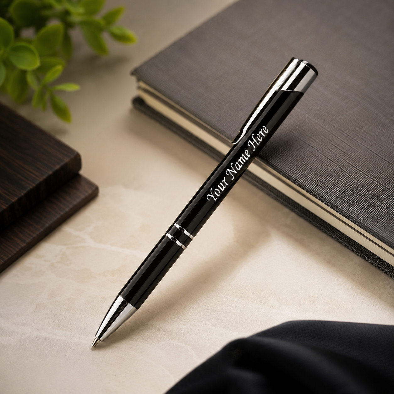 Personalized black clip pen with custom name and chrome detailing