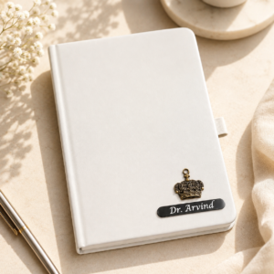 Personalized A5 diary with custom name and decorative charm, available in white, black, blue and red color options.