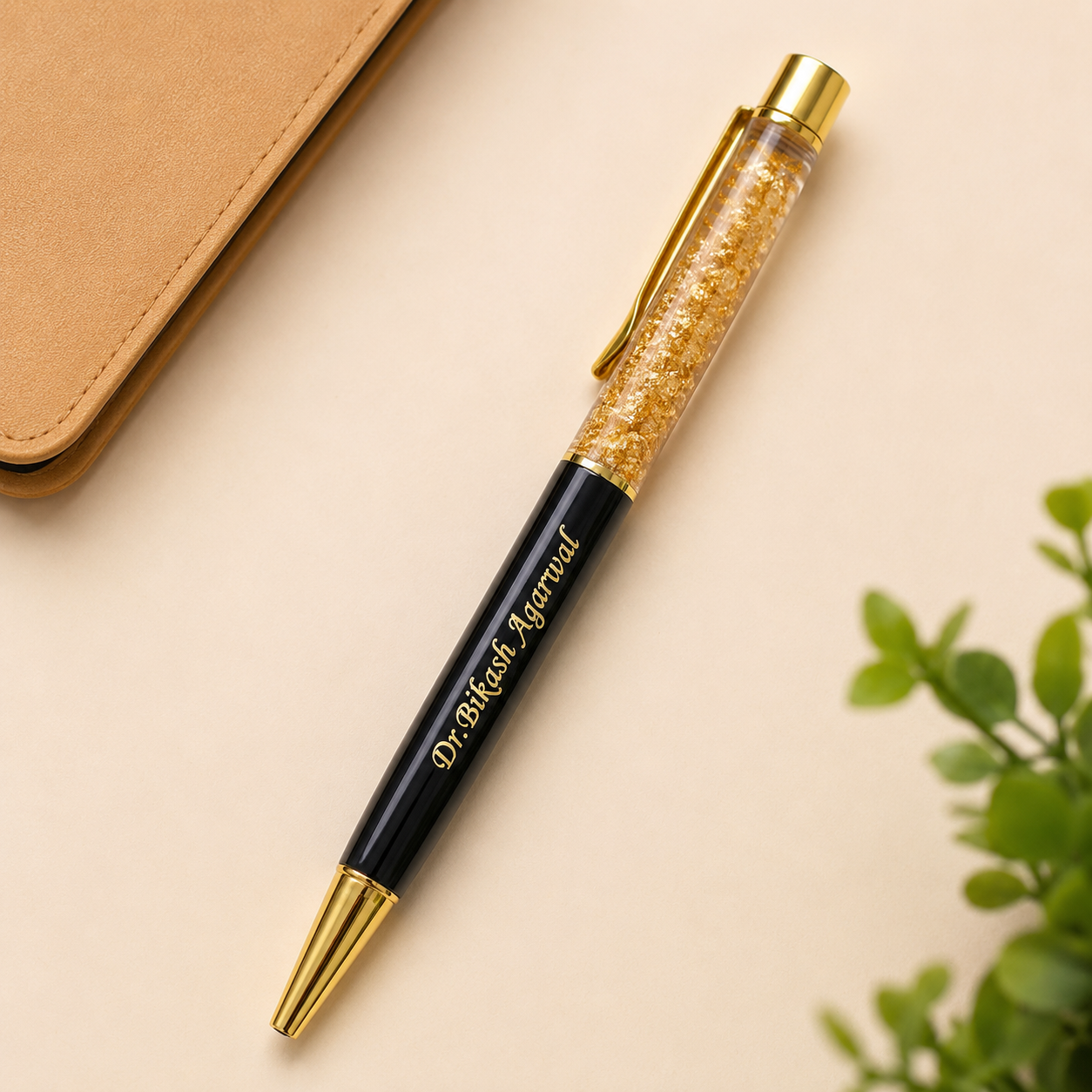 Personalized Gold Flake Pen with custom name, black and gold premium design