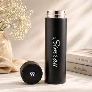 Personalized black temperature display water bottle with custom name, digital temperature display lid and premium insulated design.