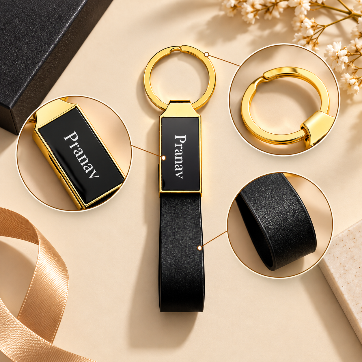 Personalized Name Engraved Pen & Keychain Combo | Custom Black & Gold Gift Set for Him | Moment Makers - Image 3