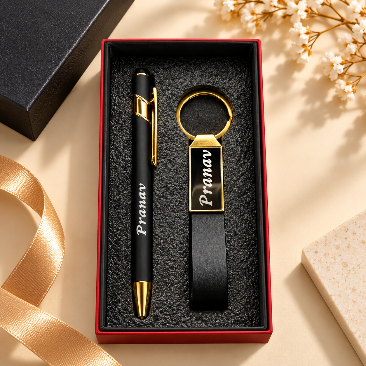 Personalized Name Engraved Pen & Keychain Combo | Custom Black & Gold Gift Set for Him | Moment Makers - Image 4