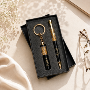 Personalized Gold Flake Pen & Keychain Gift Set | Premium Custom Name Gift | Moment Makers