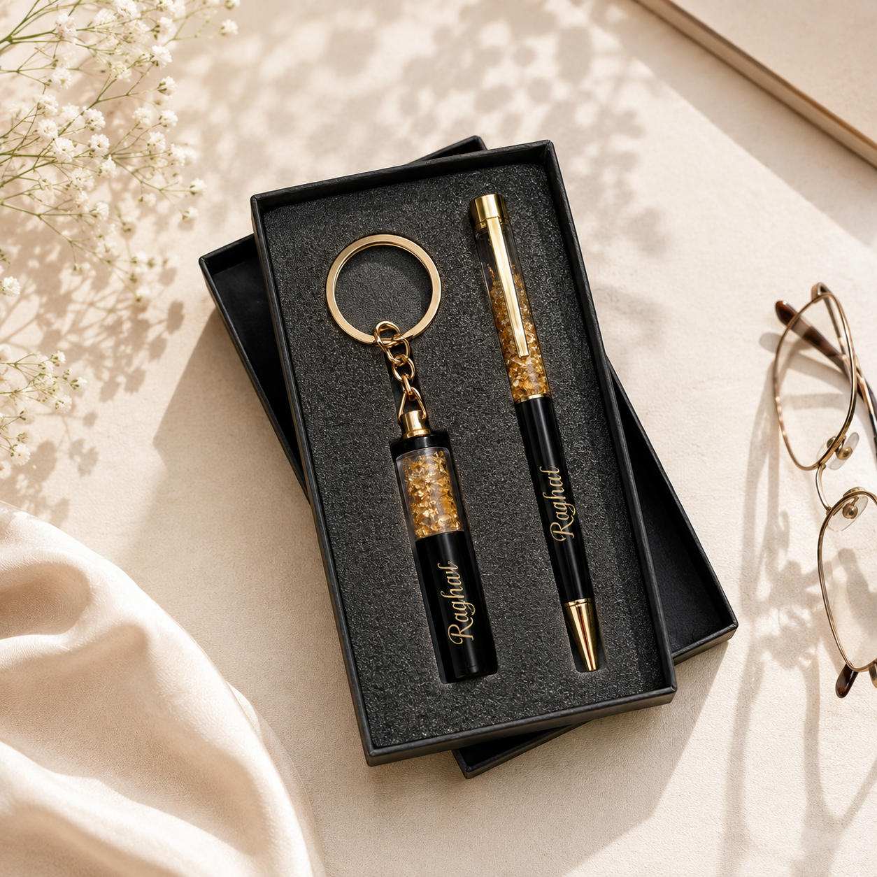 Personalized Gold Flake Pen & Keychain Gift Set | Premium Custom Name Gift | Moment Makers
